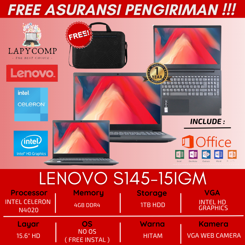 LAPTOP LENOVO S145 TERBARU INTEL N4020 RAM 4GB SSD 256GB LAYAR 15.6&quot; HD LED SIAP PAKAI - HITAM