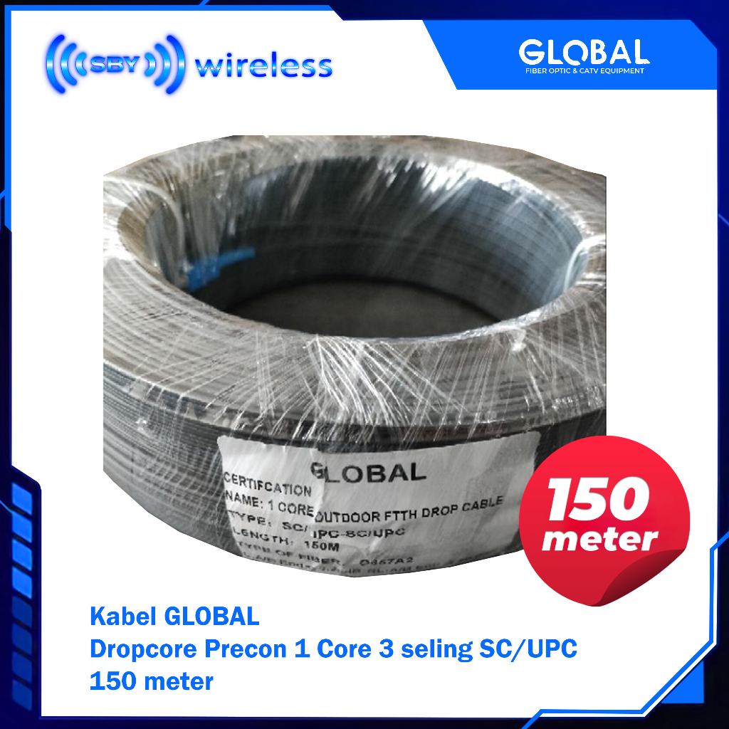GLOBAL Kabel FO Precon 150 meter Dropcore 1 Core 3seling kawat 150M  Fiber Optik FTTH CATV