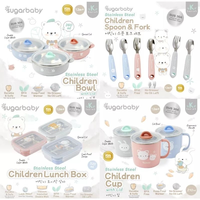 Sugar Baby Lunch Box Set Anak Kotak Makan Stainless Steel / Cup / Spoon &amp; Fork / Bowl Perlengkapan MPASI K Series