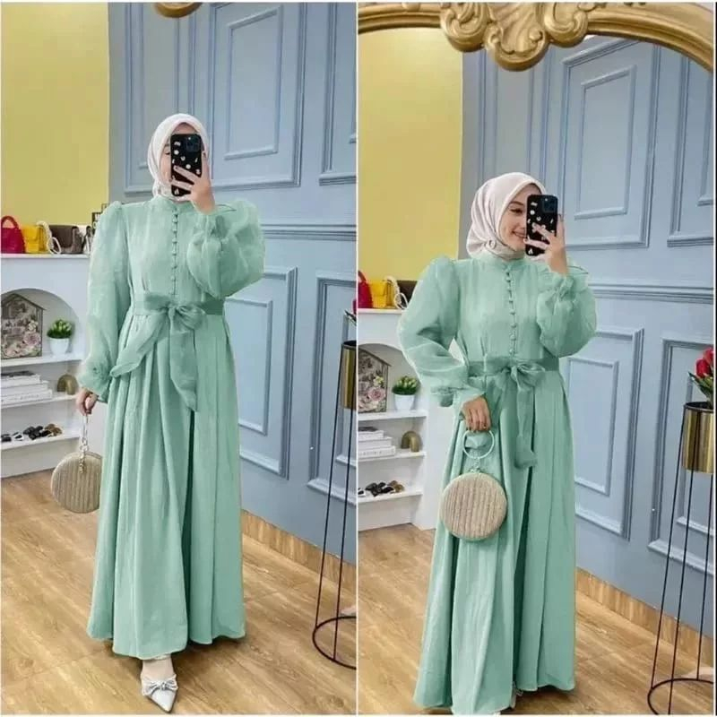 [ New ] Rania Dress / Gamis Muslim Wanita Matt Crinkle Mix Organza / Dress Wanita Kekinian / Murah / GOM