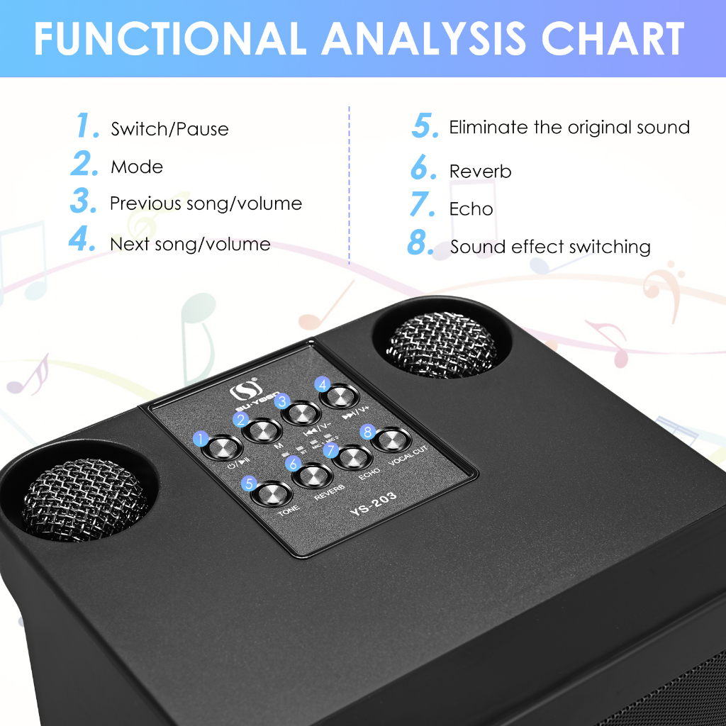 Speaker Karaoke 2 Mic YS-203 MIC 100W Voice Change Karaoke Speaker Bluetooth Portable Wireless 2 mic