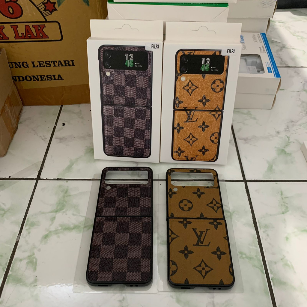 Motif LV Case Samsung Galaxy Z Flip 3 Mewah Sampul Penuh Dapat dilipat Kulit embossing