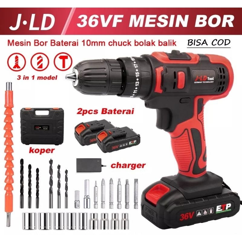 (COD) JLD Tool 36V 10mm Mesin Bor Cordless 2 Baterai Fullset