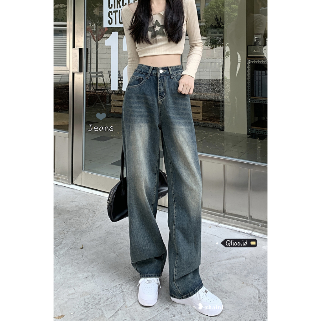 Korean Style Celana Jeans Wanita High Waist Straight Pants Boyfriend Jeans