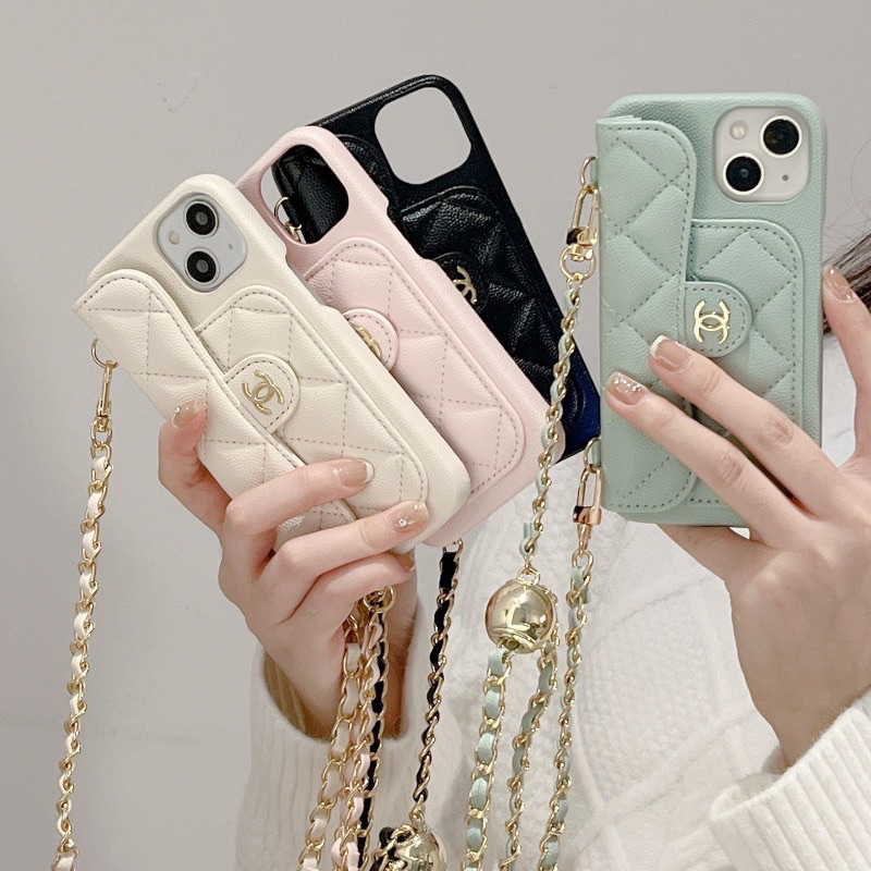 Tas Wanita Gaya Chanelly Mewah Macaron Soft Caviar Kulit iPhone Case Dengan Slot Kartu Untuk Iphone14 13 12 11 Pro Max Plus 14 Kulit Berat Casing Ponsel Sarung Telepon