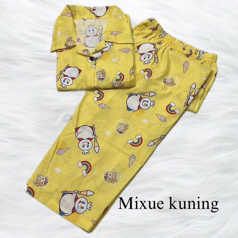 Mixue kuning - setelan baju tidur piyama katun bisa couple mom kids and family cp