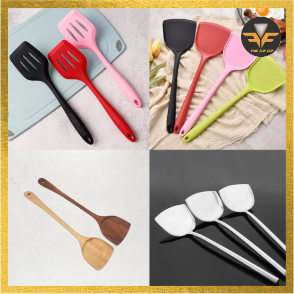 Sutil Silikon Kayu Stainless Steel Tahan Panas Spatula Silicone Anti Lengket Food Grade / Sutil Siliko Lubang Tahan Panas TERMURAH TERLARIS