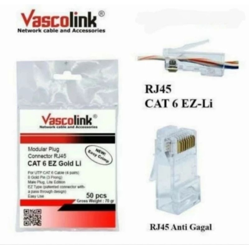 RJ45 CAT6 Vascolink RJ 45 Cat 6 1 Tembus Anti gagal PACK IsI 50