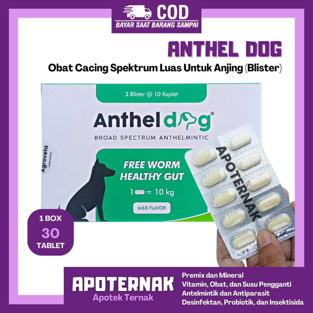 ANTHEL DOG 30 Tablet (1 Box Blister) Obat Cacing Spektrum Luas Untuk ANJING by Kalbe | Harga 30 Tablet Blister