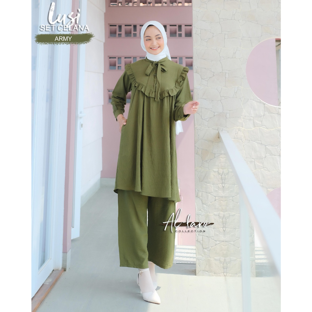 ONE SET CELANA POLO LINEN DYRA LUSI ORI ALFARO SETELAN TUNIK MODEL TERBARU OOTD WANITA HANGOUT STREET STYLE