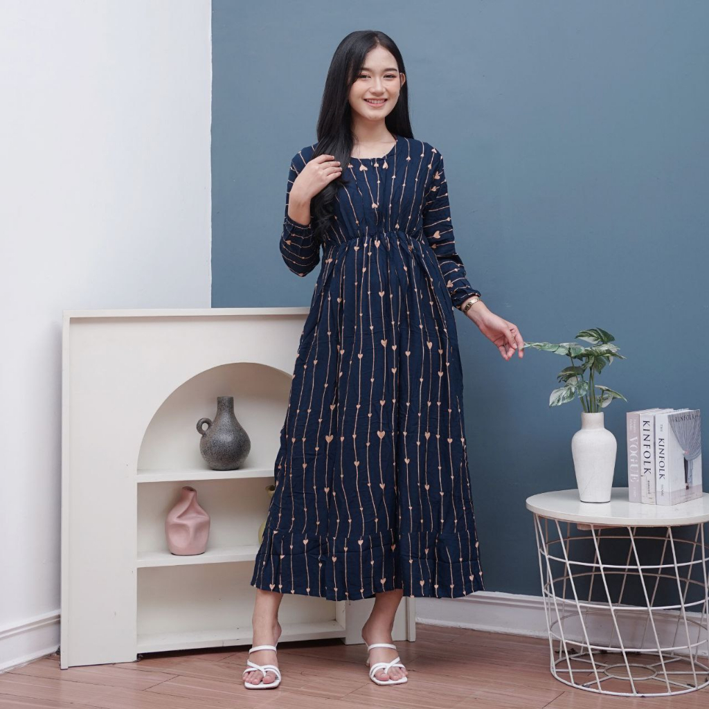 Daster Midi Dress Lengan Panjang Kekinian Kerut Dada Busui Rayon Premium