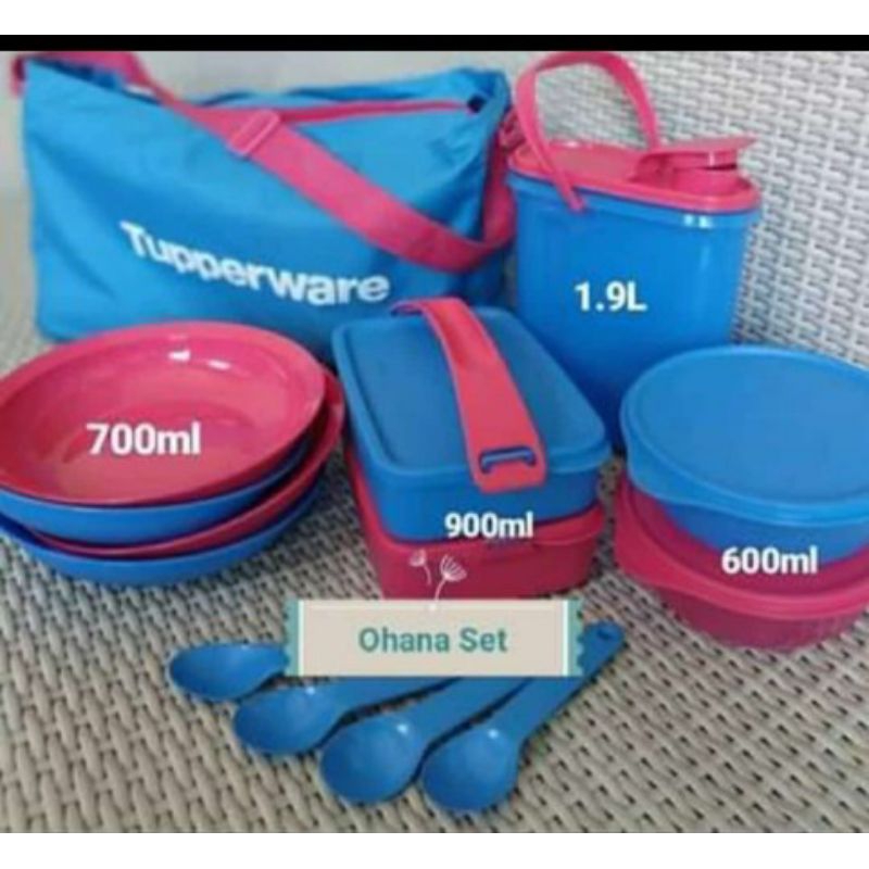Tupperware ohana set/wadah bekal piknik/rantang/teko/piring/sendok/mangkok/tas