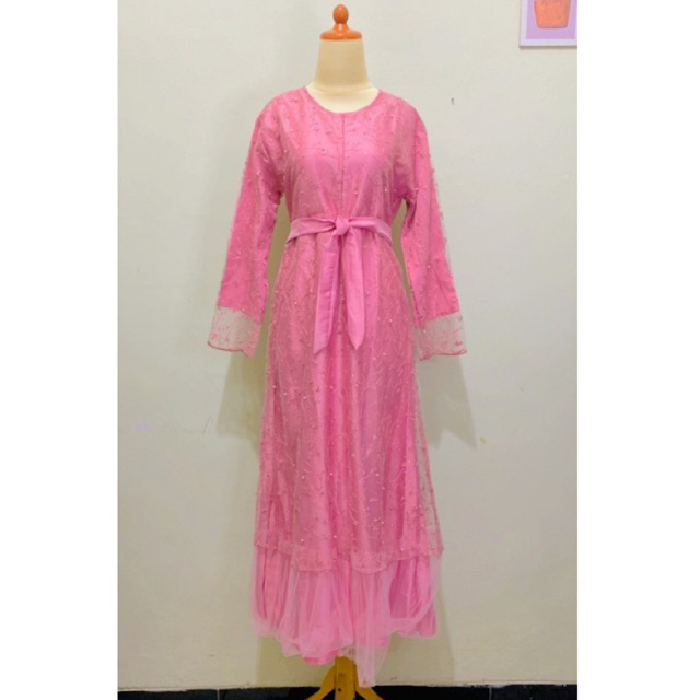 Dress Long maxi Gamis Abaya bahan brukat brokat full furing mix bordir mutiara kombinasi tile warna 