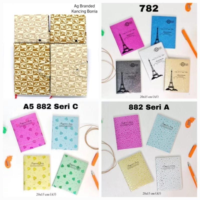 Buku Notes Catatan Agenda Brand Bonia Kancing (Ukuran 21x14 cm, isi 200 lembar)/ Buku Gliter Lucu