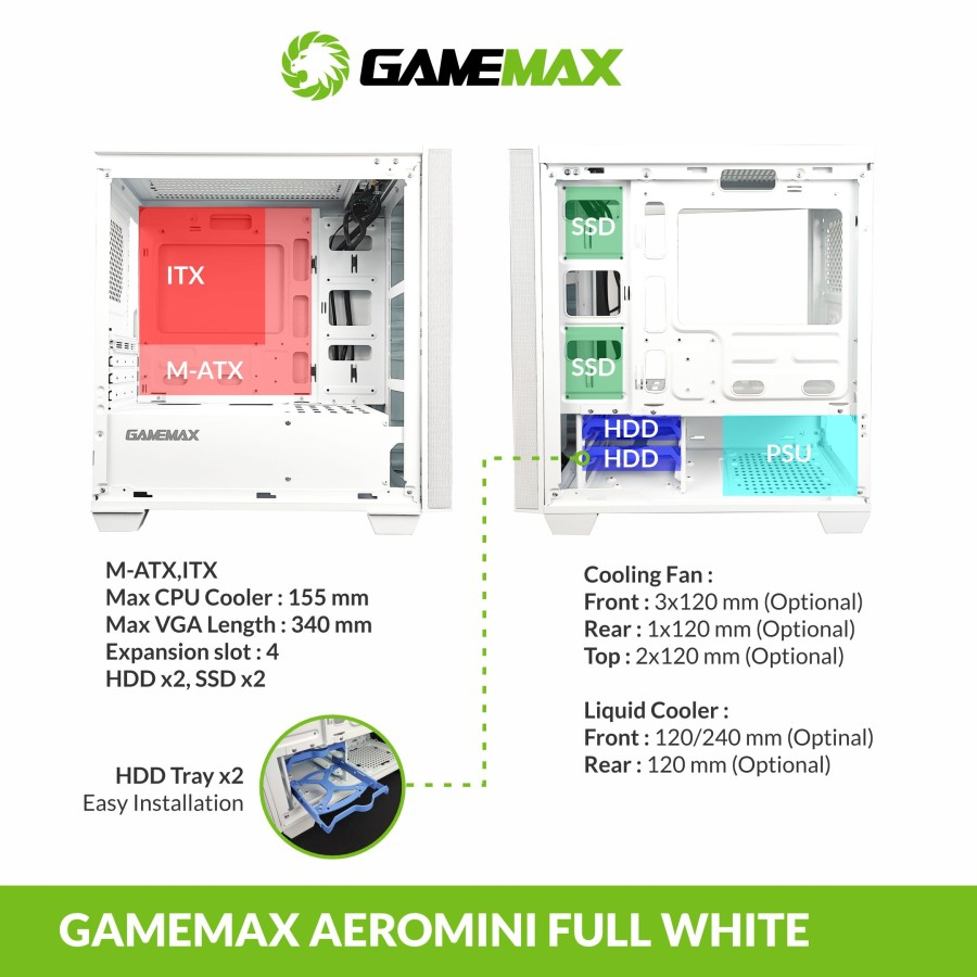GAMEMAX AERO MINI WHITE Tempered Glass GAMING MICRO ATX CASE