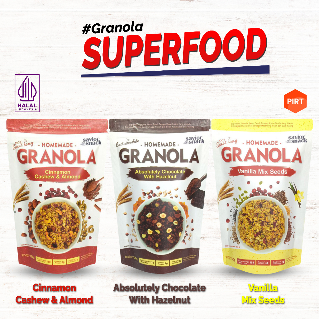 SAVIOR SNACK GRANOLA 3 VARIAN RASA CRUNCHY ABSOLUTELY CHOCOLATE WITH HAZELNUT - CRUNCHY CINNAMON CASHEW ALMOND - VANILA MIX SEEDS - SEREAL MAKANAN SEHAT SARAPAN PRAKTIS BERGIZI TINGGI NUTRISI BAHAN ORGANIK TANPA GULA DAN GARAM - HIGH QUALITY - HALAL