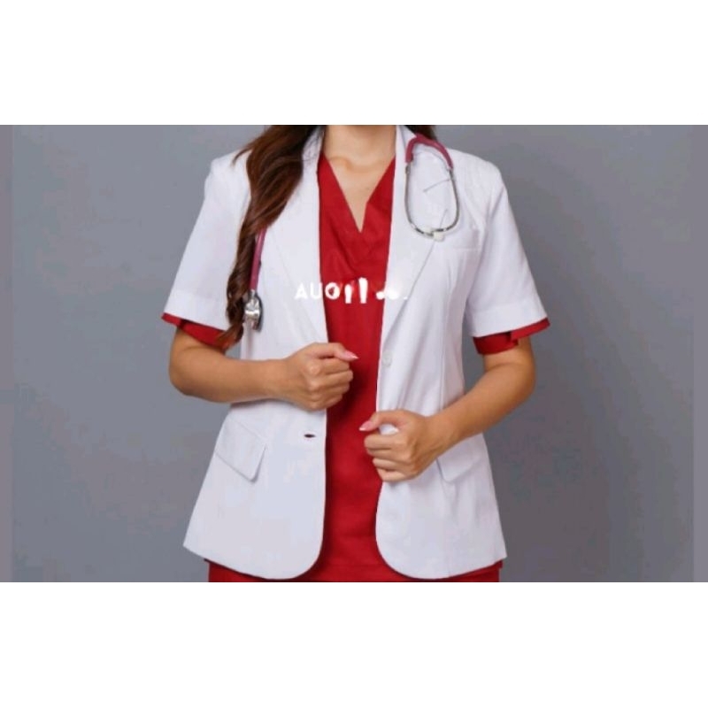 Jas Dokter Dua Saudara Perempuan Ukuran 5L Lengan Pendek Bahan Serat