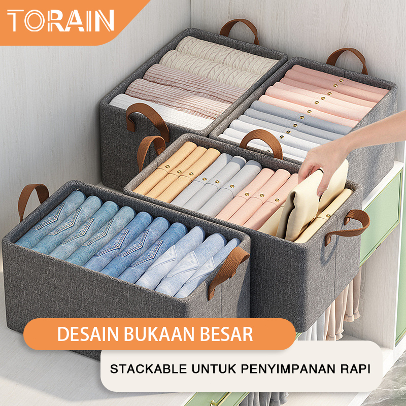 TORAIN Rangka Baja Kotak Penyimpanan Lipat Kotak Penyimpanan Pakaian Stackable Lemari Baby Organizer Box