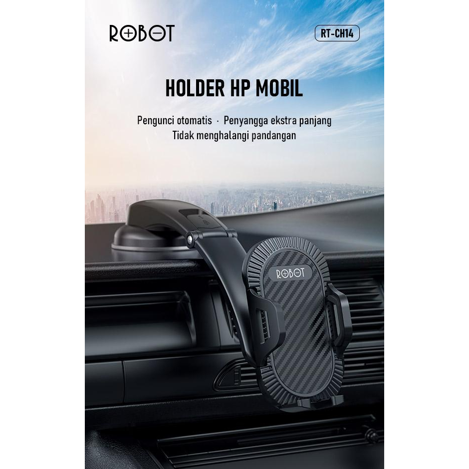 ROBOT RT-CH14 Dashboard Suction Cup Automatic Lock Universal Car Holder Black Original - Garansi 1 Tahun