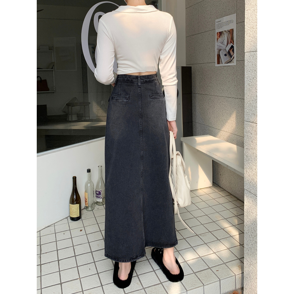 Button Pocket Rok Denim Panjang Wanita Dress  Korean Style Slit A-line Skirt Midi