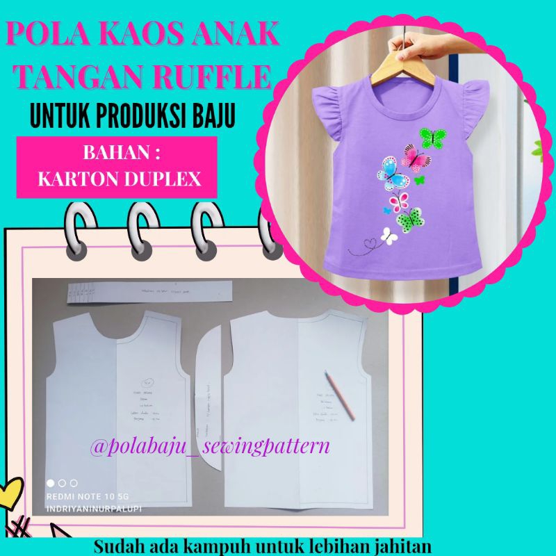 Pola Kaos Anak Tangan Ruffle Kerut - Pola Instan untuk Produksi konveksi baju kaos anak