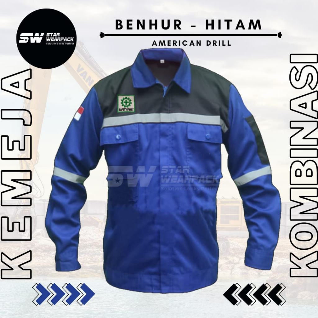 Star Wearpack - Kemeja Proyek Model Resleting Warna Benhur Kombinasi HItam Lengan Panjang