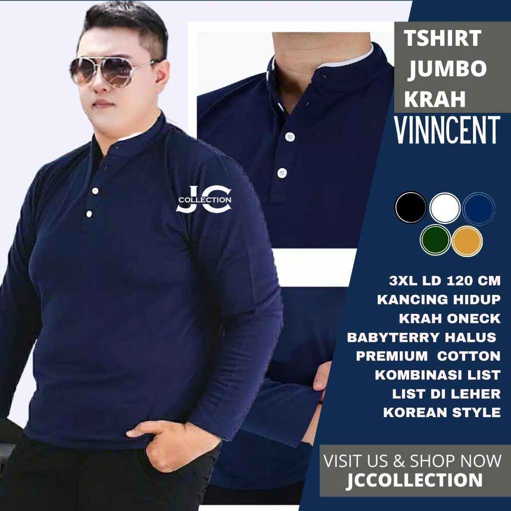 Tshirt Kaos Pria Jumbo 3XL / Kaos Lengan Panjang Pria Variasi Kancing Fincent / Kaos Jumbo Cowok 3XL - JCCollection