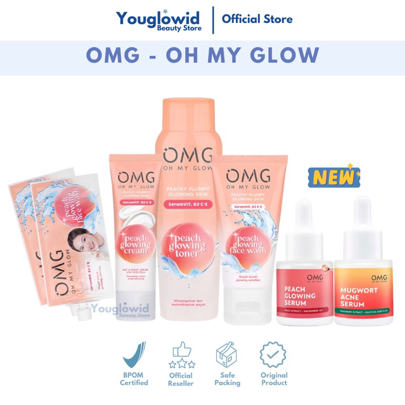 【Official Outlet】OMG OH MY GLOW Peach Glowing Face Wash Toner Cream | Glow Kit Paket Perawatan Wajah untuk Kulit Tampak Glowing, Mencerahkan, dan Tampak Sehat