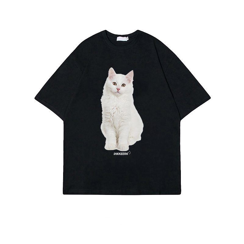 XiaoZhaiNv Kaos Atasan Oversize Wanita Kucing Putih Pattern Lengan Pendek A0034