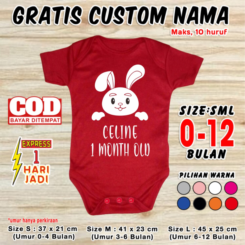 Baju jumper bayi karakter rabbit 1st month GRATIS CUSTOM NAMA satu bulanan set jamper romper kaos pa