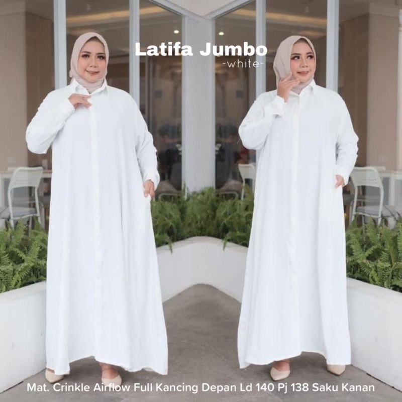 Gamis Super Jumbo Besar Gaun Wanita Muslim Latifa Dress Bahan Crinkle Airflow Full Kancing Depan LD 