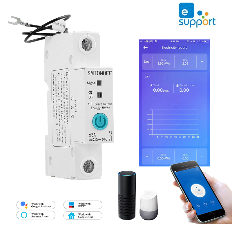 Din Rail 1P Smart kWh Monitor WiFi Timer Virtual Assistant 63A - ZJSB9-80Z - White