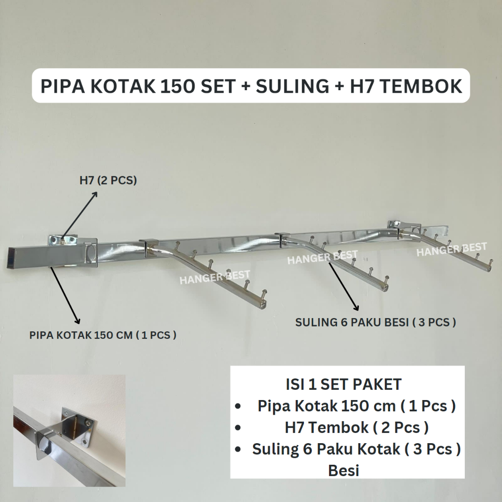 Gantungan Pipa Kotak Set 1,5 Meter Dengan Hanger Suling 3 PCS