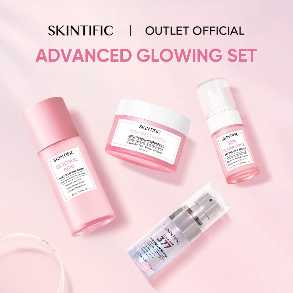 【Brightening 4PCS Packet】SKINTIFIC 4pcs Advanced Glowing set Skincare paket with MSH Niacinamide Brightening Moisturizer + Niacinamide Brightening Serum + Glycolic Acid Toner + symwhite377 Dark Spot Serum Beauty Pink kit Skincare Packet Skin Whitening