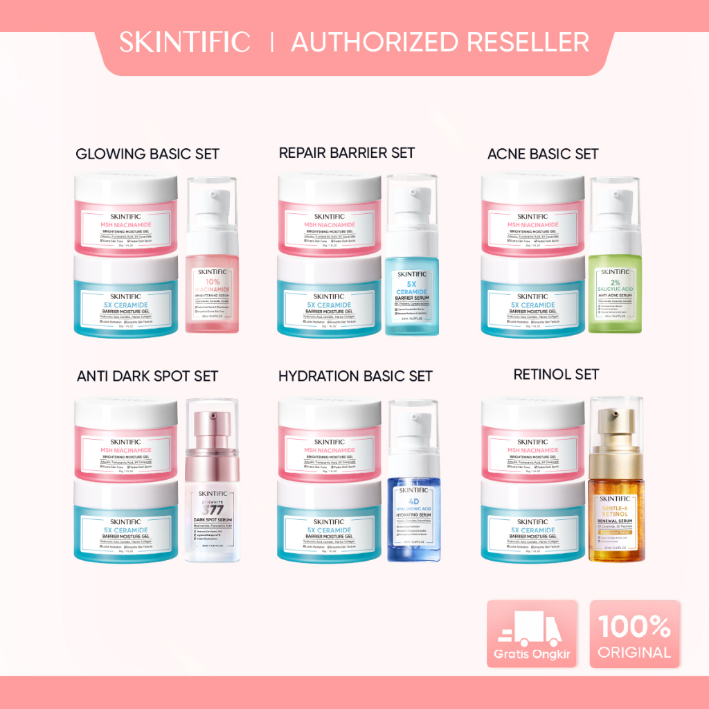 [Ready Stock] ori SKINTIFIC 3pcs Daily Glowing &amp; Acne Set- MSH Niacinamide Moisture Gel /Mugwort Acne Clay Mask Mud Mask Face Masker Wajah / Brightening Serum /Anti Acne Serum 20ml / Symwhite 377 Dark Spot Eraser Serum 20ml / Hydrating Serum 20ml Packet