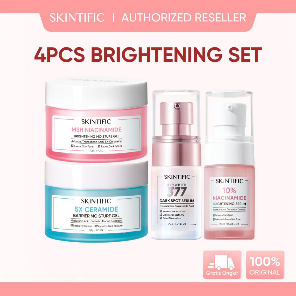 SKINTIFIC 4pcs Glowing Paket Skincare with MSH niacinamide Moisturizer - 5X Ceramide Barrier Repair Moisture Gel pelembab wajah &amp; 5X Ceramide Skin Barrier Repair Serum &amp;  Serum Niacinamide 10% &amp; Anti Acne Serum &amp; SymWhite 377 Dark Spot Serum Serum Wajah