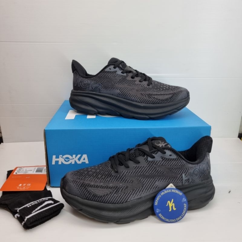 Sepatu Olahraga Lari Pria Hoka Clifton 9 Running Shoes Full Black