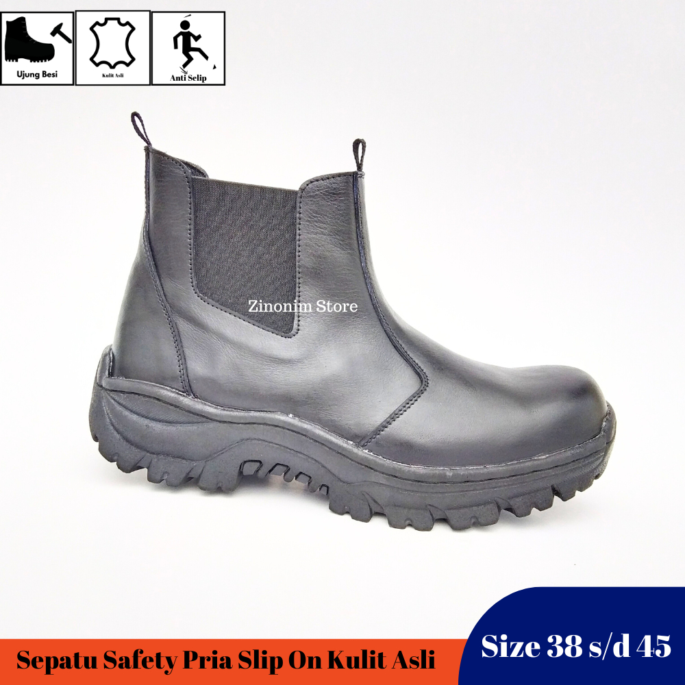 Sepatu Safety Kulit Asli Original Safety Shoes Ujung Besi Slip On Hitam Sepatu Kerja Tanpa Tali Ukuran 38 39 40 41 42 43 44 45