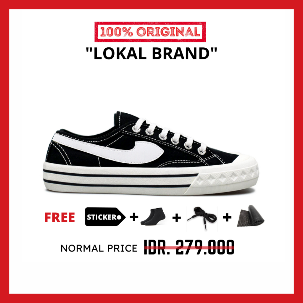 ORIGINAL - Sepatu Brand Lokal Kasual Pria Wanita No Brand Black White Low Not Sneakers Compass Retrograde Black White