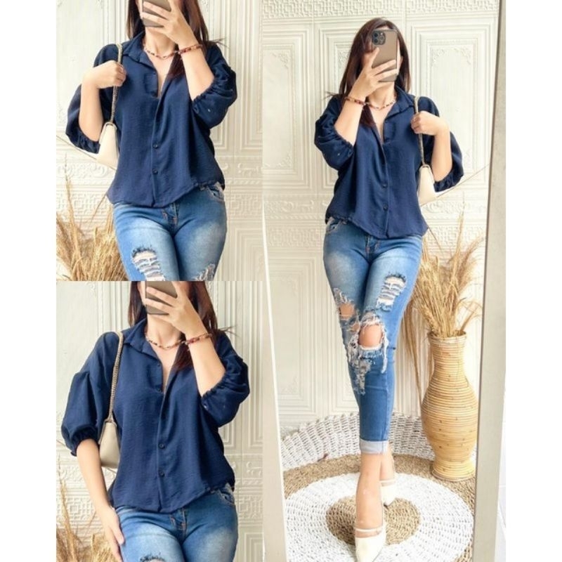 KEMEJA ZALOORA CROP/KEMEJA CROP WANITA/KEMEJA BLOUSE LENGAN 7/8 KOREAN STYLE