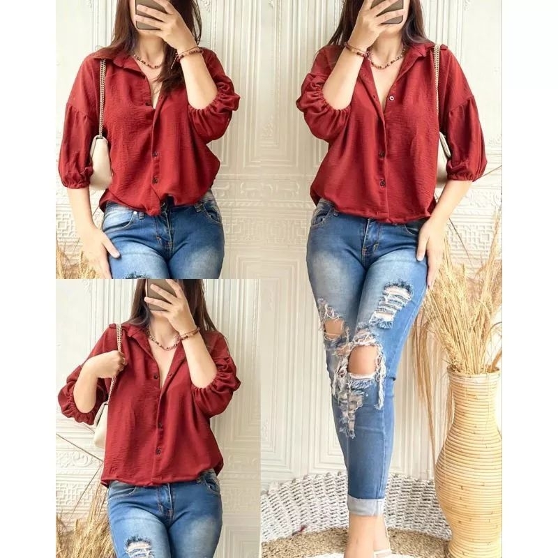 KEMEJA ZALOORA CROP/KEMEJA CROP WANITA/KEMEJA BLOUSE LENGAN 7/8 KOREAN STYLE