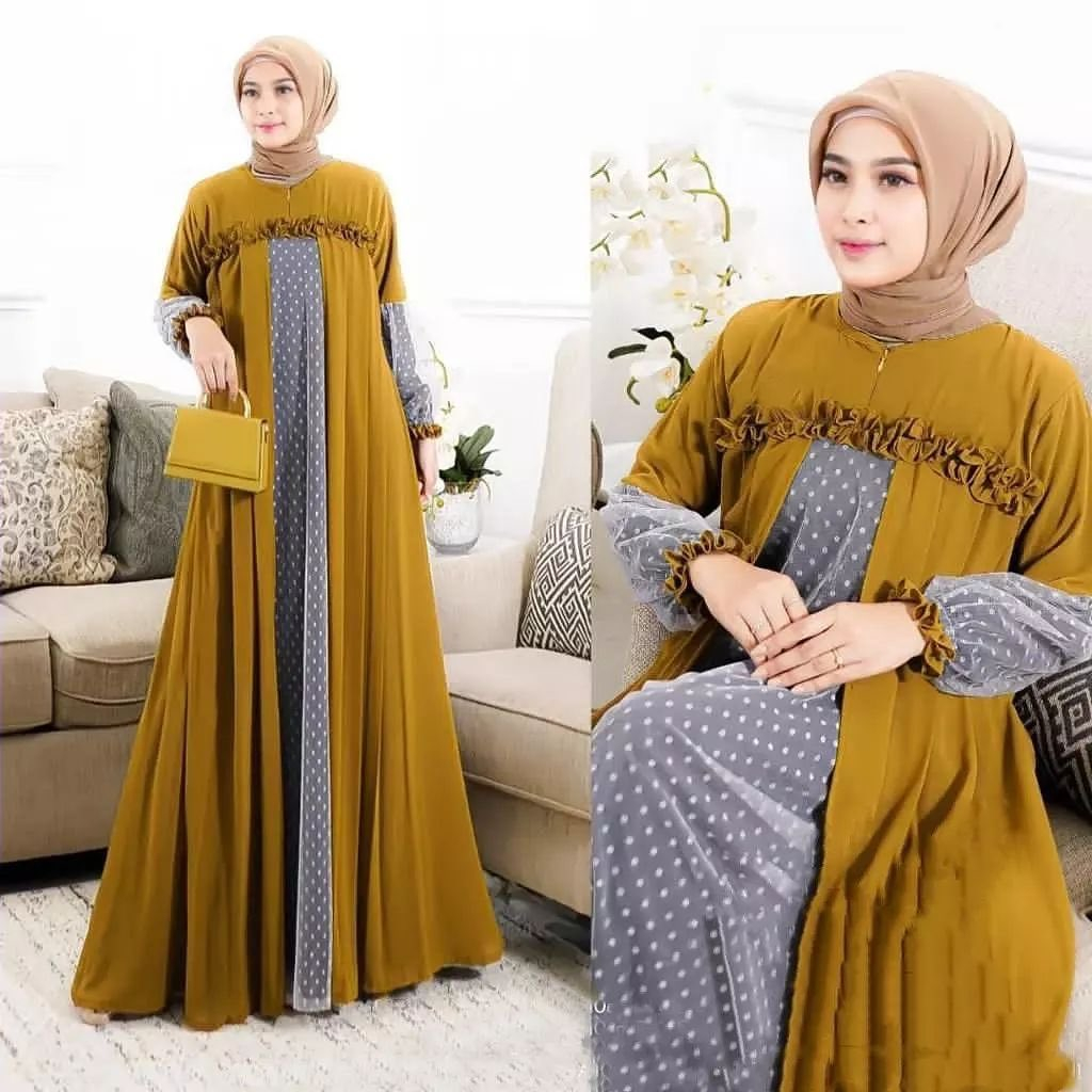 GAMIS WANITA GISELLA DRESS AF BAHAN SHAKILA CERUTY BABYDOL TILE MUSTARD 100 - 120 CM GAMIS WANITA TERBARU 2023 KEKINIAN / DRESS WANITA MUSLIM MODERN / MAXY DRESS WANITA JUMBO