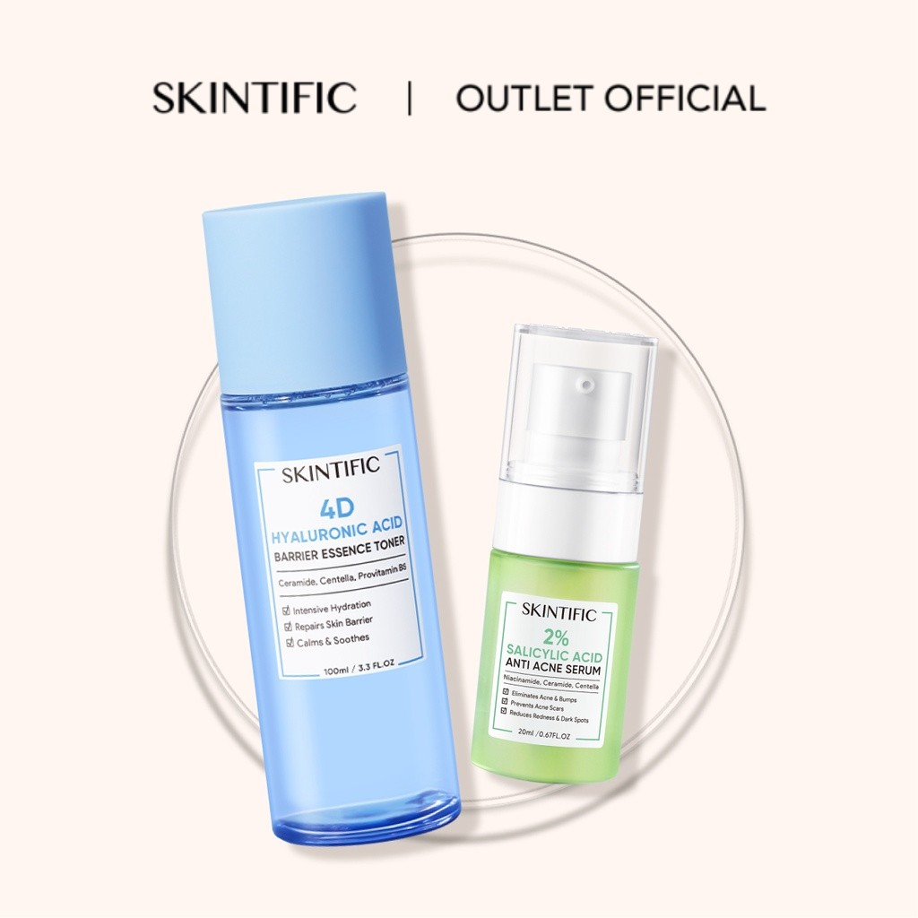 【Skintific Outlet Official】SKINTIFIC 2pcs Set | 4D Hyaluronic Acid Barrier Essence Toner 100ml Toner Pelembab + 2% Salicylic Acid Anti Acne Serum 20ml