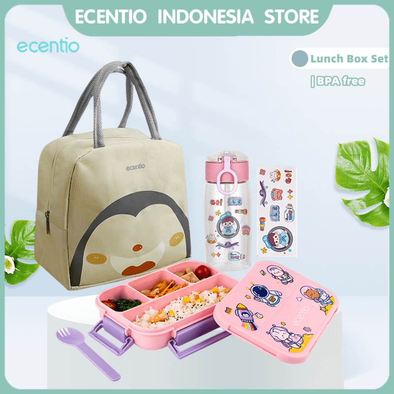 ecentio 3 Grid Lunch Box Set 1000ml/Kotak Bekal Makan Anti Tumpah Free Mangkuk Sup 330ml/Tas Bekal Set Anak