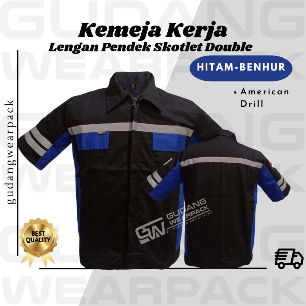 Gudang Wearpack - Baju Kerja Seragam Proyek Lengan Pendek Skotlet 2 Baris Warna Hitam Benhur