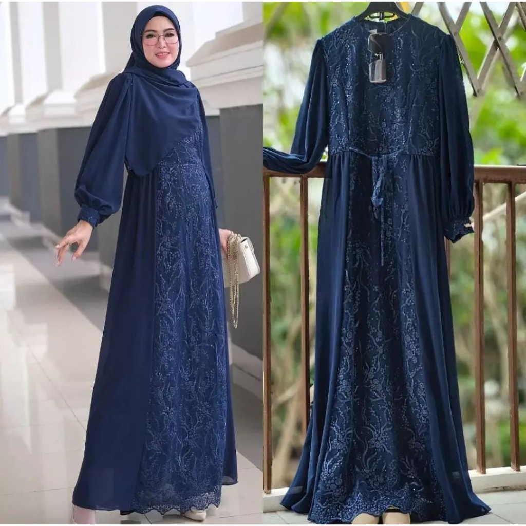 Zaskia Dress / Bahan Ceruty Aplikasi Brokat Terbaru / Fashion Wanita Muslimah Kekinian / Dress Murah