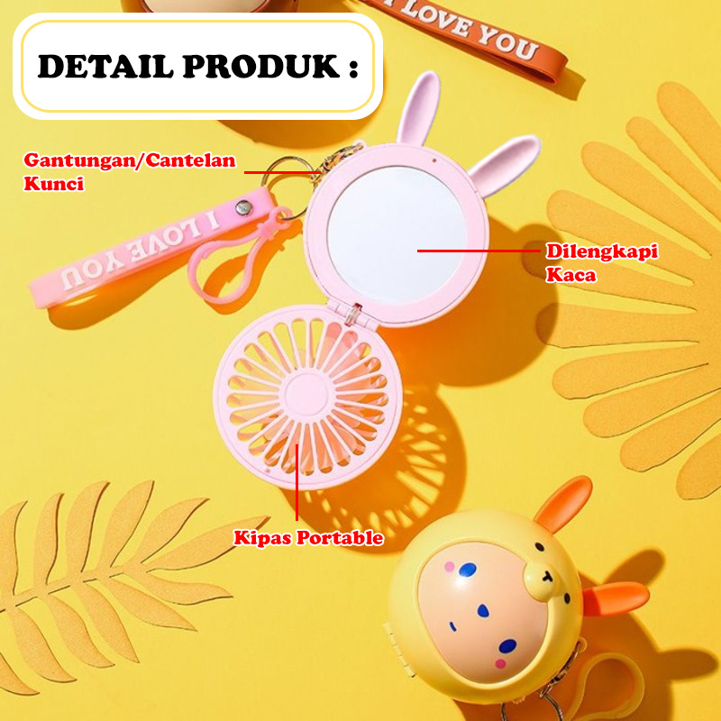 kipas Cermin Makeup Karakter Mini Fan Mirror USB Charger Cermin Make Up Portable sx118