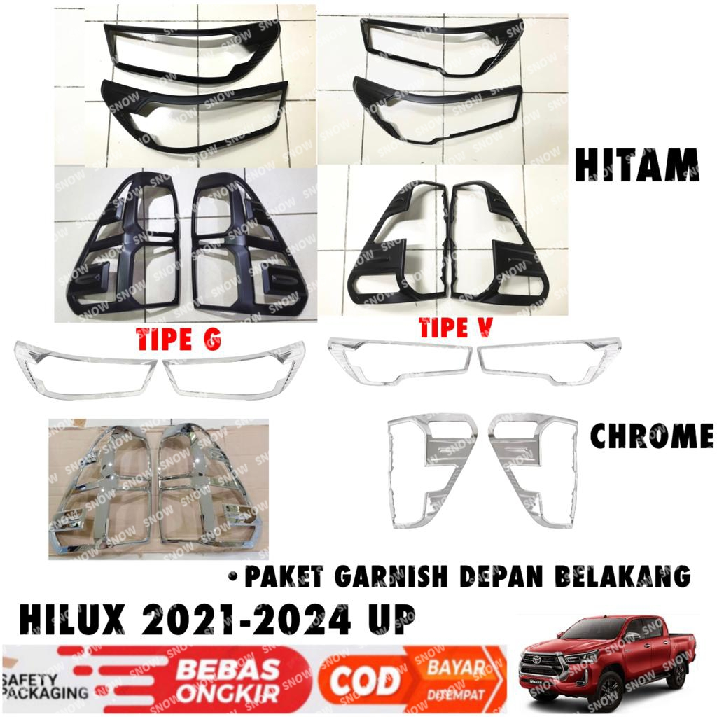 Paket Garnish Lampu Depan Belakang All New Hilux Rocco 2020 2022 2023 2024 Hitam Chrome