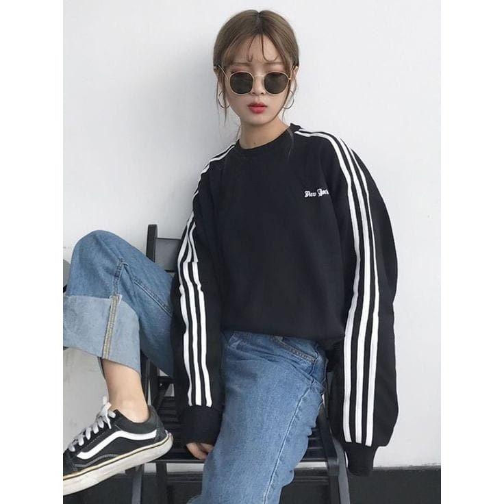 Switer New York List Stripy Sweater Wanita Sweatshirt Korean Style