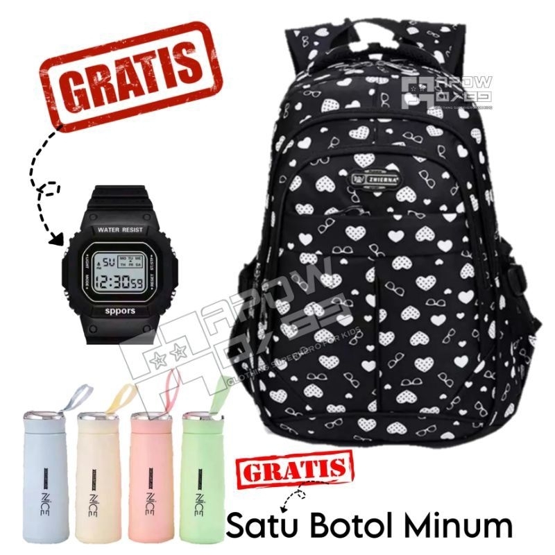 PAKET 3 IN 1 Tas Ransel Sekolah Anak Perempuan Sd Smp Ransel Love Free Jam tangan Dan Botol